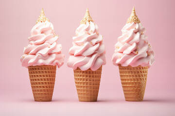 three Christmas tree shaped ice creams in cones on a pastel pink background, pink and gold colors,...