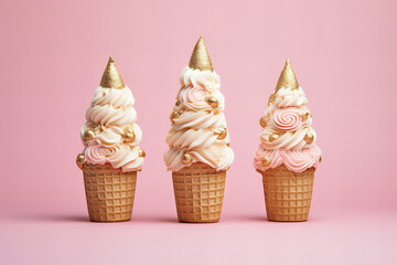 three Christmas tree shaped ice creams in cones on a pastel pink background, pink and gold colors, holiday dessert