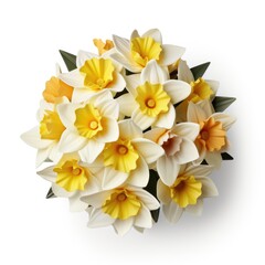 A bouquet of yellow daffodils on a white surface