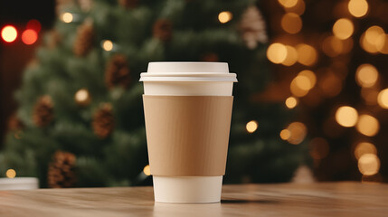 Paper cup with coffee сlose up. Coffee cup. Christmas tree with lights on the background. Holiday season. Time for drink coffee. Coffee to go. Take a break. Disposable paper cup. Mockup. Generated AI