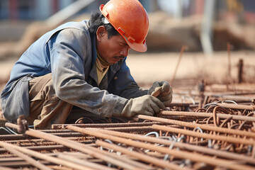 Construction worker Making Reinforcement steel rod and deformed bar with rebar at construction site - obrazy, fototapety, plakaty