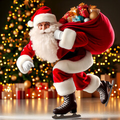 Santa Claus on skates with gifts in a bag behind his back against the background of a Christmas tree and colorful lights close-up
