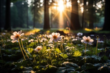 Sunlight Filtering Through Trees and Flowers Generative AI