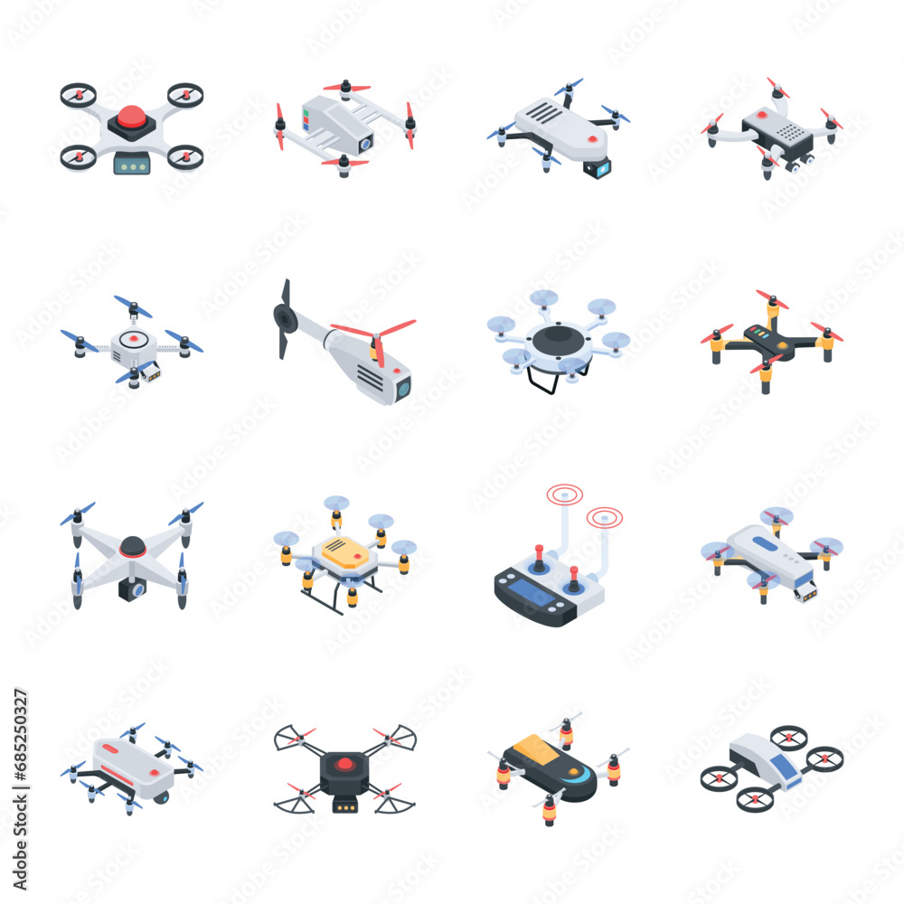 Sticker bundle of aerial drones isometric icons