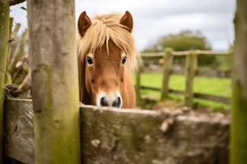 Close up photography of friendly young Shetland pony horse behind the wooden fence on a farm, standing and looking at the camera, beautiful foal with gorgeous mane