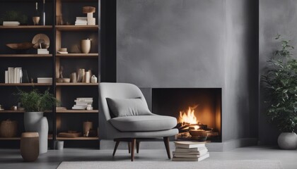 Grey chair by fireplace against concrete wall with shelves. Scandinavian home interior design of modern