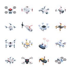 Bundle of Aerial Drones Isometric Icons 

