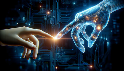 Fototapeta premium Digital AI hand and finger touching the finger of a human finger .AI and human collaboration concept.