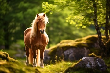 Photography of beautiful and cute Shetland pony, mini horse breed with beautiful mane, standing on a meadow, in sunny nature field, looking at the camera