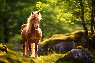 Tuinposter Photography of beautiful and cute Shetland pony, mini horse breed with beautiful mane, standing on a meadow, in sunny nature field, looking at the camera © Nemanja