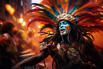 Fototapeta premium the carnival parade with people dressed in colorful costumes, confetti floating around 