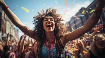the carnival parade with people dressed in colorful costumes, confetti floating around
