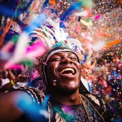 the carnival parade with people dressed in colorful costumes, confetti floating around
