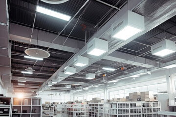 Ceiling mounted cassette type air condition units with other parts of ventilation system (tubes, cables and vents) located inside commercial hall with hanging lights and other construction parts. - obrazy, fototapety, plakaty