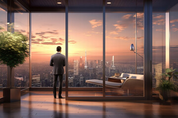 Fototapeta premium Businessman using mobile phone to talk business in office. View from the outside commercial skyscraper