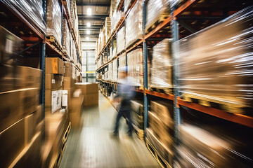 blur movement of worker in warehouse interior with shelves, pallets and boxes