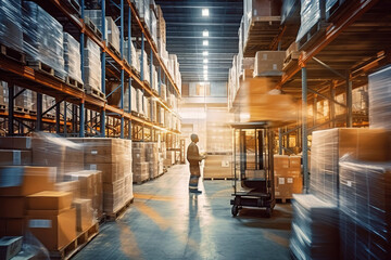 blur movement of worker in warehouse interior with shelves, pallets and boxes - obrazy, fototapety, plakaty