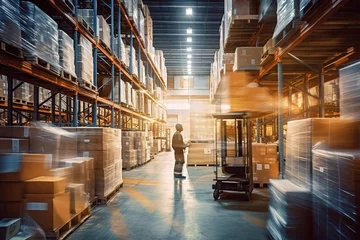Poster blur movement of worker in warehouse interior with shelves, pallets and boxes © arhendrix