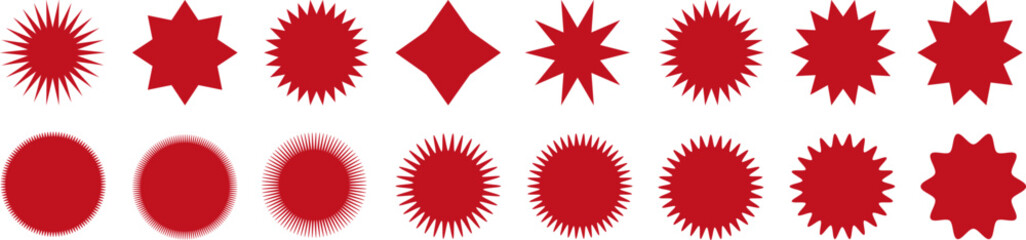 Set of red color stickers for sale, price tag, starbursts, quality mark, sunburst icons, retro stars. Modern Swiss style elements, shapes, stars, flowers, circles