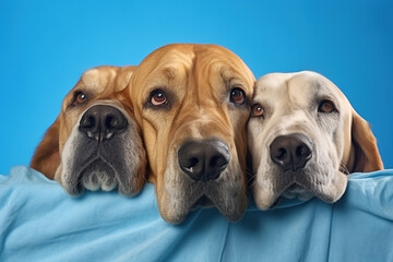 Banner Close-up three hide dogs head. Isolated on blue background.