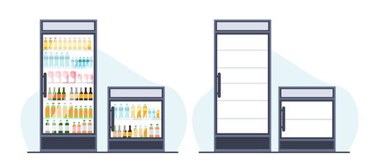 Beverage refrigerators with and without bottles. Supermarket merchandise equipment, transparent glass door. Empty and full store vertical fridge, cartoon flat isolated illustration vector concept