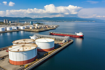 Aerial view oil terminal storage tank, White oil tank storage chemical petroleum petrochemical refinery product at oil terminal, Business commercial trade fuel energy transport by tanker ship vessel. - obrazy, fototapety, plakaty