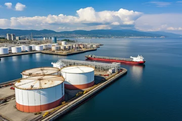 Foto op Aluminium Aerial view oil terminal storage tank, White oil tank storage chemical petroleum petrochemical refinery product at oil terminal, Business commercial trade fuel energy transport by tanker ship vessel. © arhendrix