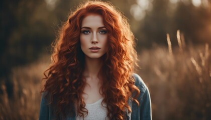 Beautiful model girl with long red curly hair .Red head