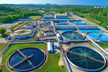 Aerial View of Drinking-Water Treatment. Microbiology of drinking water production and distribution, water treatment plant. Recirculation solid contact clarifier sedimentation tank.
