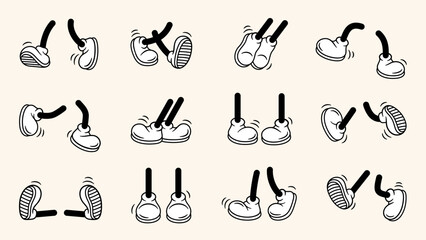 Vintage retro feet and boot vector collection. Comic retro feet in different poses, leg standing, walking, running, jumping. Isolated mascot footwear 1920 to 1950s. - obrazy, fototapety, plakaty