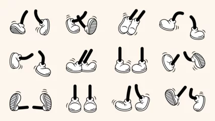 Zelfklevend Fotobehang Retro compositie Vintage retro feet and boot vector collection. Comic retro feet in different poses, leg standing, walking, running, jumping. Isolated mascot footwear 1920 to 1950s.