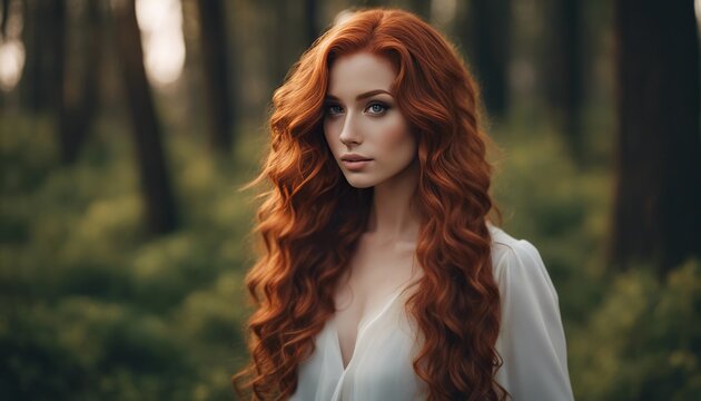 Beautiful model girl with long red curly hair .Red head