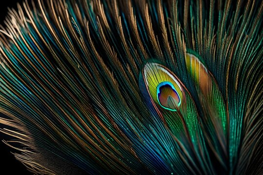 Produce an exquisite image capturing the delicate and intricate details of a macro shot of a peacock feather.