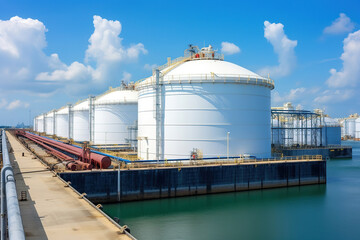 Obraz premium Aerial view oil terminal storage tank, White oil tank storage chemical petroleum petrochemical refinery product at oil terminal, Business commercial trade fuel energy transport by tanker ship vessel.