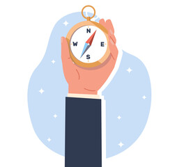 Businessman hand with compass looks for right direction of travel. Navigation equipment for orientation, investigation of area. Planning future strategy symbol. Cartoon flat vector concept © YummyBuum
