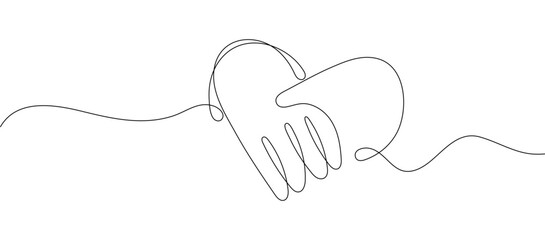 Handshake vector, heart shaped greeting in continuous line style. Symbol of friendship, agreement. Illustration of successful deal.