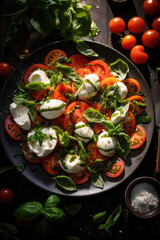 Salad Caprese surrounded by its ingredients on wooden table.