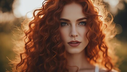 Fototapeta premium Beautiful model girl with long red curly hair .Red head