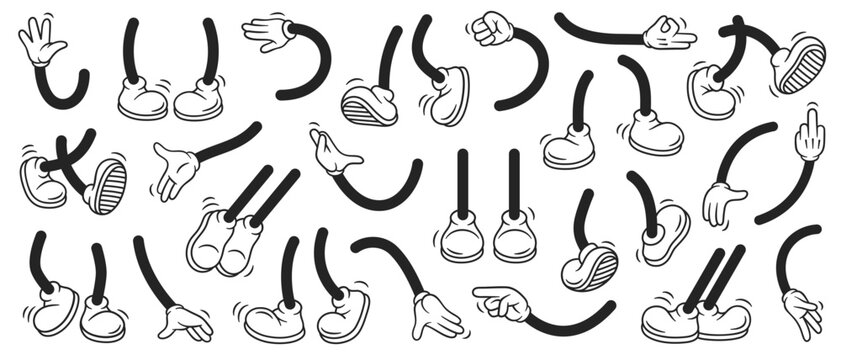 Vintage retro hands in gloves and feet in shoes. Comic retro feet and hands in different poses. Isolated mascot character elements of 1920 to 1950s.