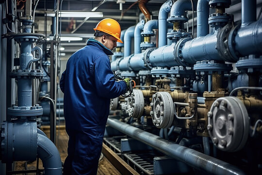A worker at a water supply station inspects water pump valves equipment in a substation for the distribution of clean water at a large industrial estate. Water pipes. Industrial plumbing.