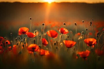 Fototapeta na wymiar poppy field in sunset