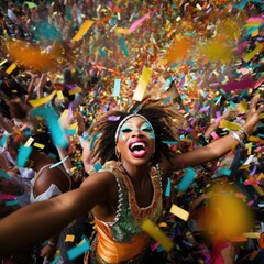 Obraz premium the carnival parade with people dressed in colorful costumes, confetti floating around 