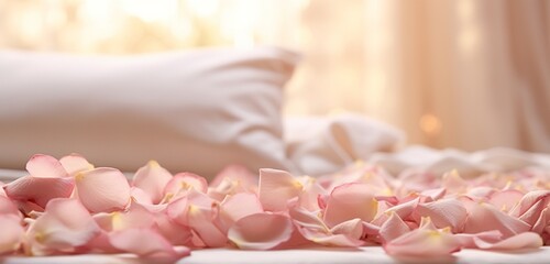 Fototapeta na wymiar A gentle, blurred image showing rose petals elegantly strewn across a bed.