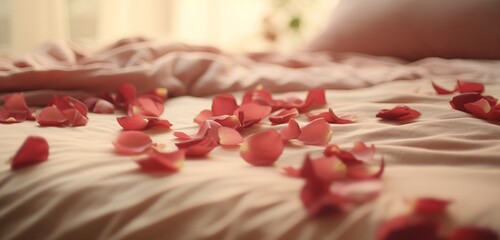 Obraz na płótnie Canvas A gentle, blurred image showing rose petals elegantly strewn across a bed.