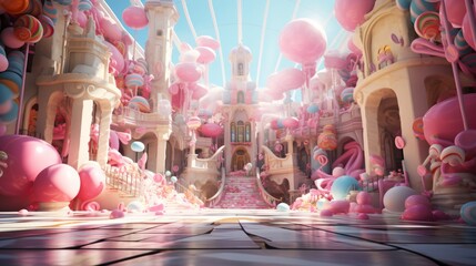 Wonderful fantasy pink castle for fairytale princess. Elegant towers, columns and stairs decorated with giant lollipops, bubbles, candies and sweets. A fairytale dream castle for all little children.