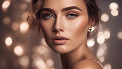 Fototapeta premium Beauty portrait of model with natural make-up. Fashion shiny highlighter on skin, sexy gloss lips