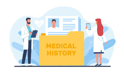 Doctor keeps record of patients medical history and health information. Anamnesis for diagnosis and treatment. Document with patient illness progress cartoon flat isolated vector concept - obrazy, fototapety, plakaty