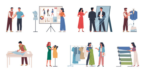 Garment production. Dressmakers, designers and cutters work, people create clothes, fabrics, mannequins, sewing patterns, professional equipment in workshop, cartoon flat nowaday vector set