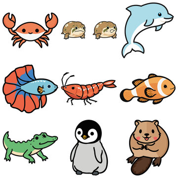 Water World: A Collage of Cartoon Aquatic Animals Sticker Art