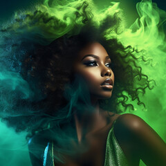dark skinned beautiful black woman in a cinematic scene, looking over shoulder, out of this world hair care marketing ad, natural curly hair, in full of lights and smok, professional lensz exceptional